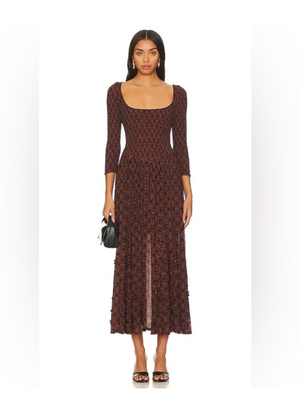 NWOT Free People Brown Scoop Neck Long Sleeve Sheer It’s Fate Midi Maxi Dress